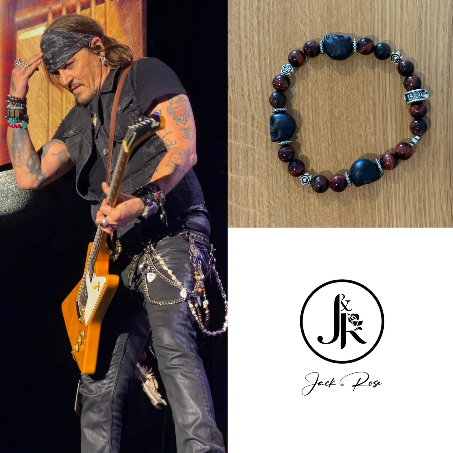 Bracelet Jack&Rose “Tiger Eyes with Black Skull ☠️🌹