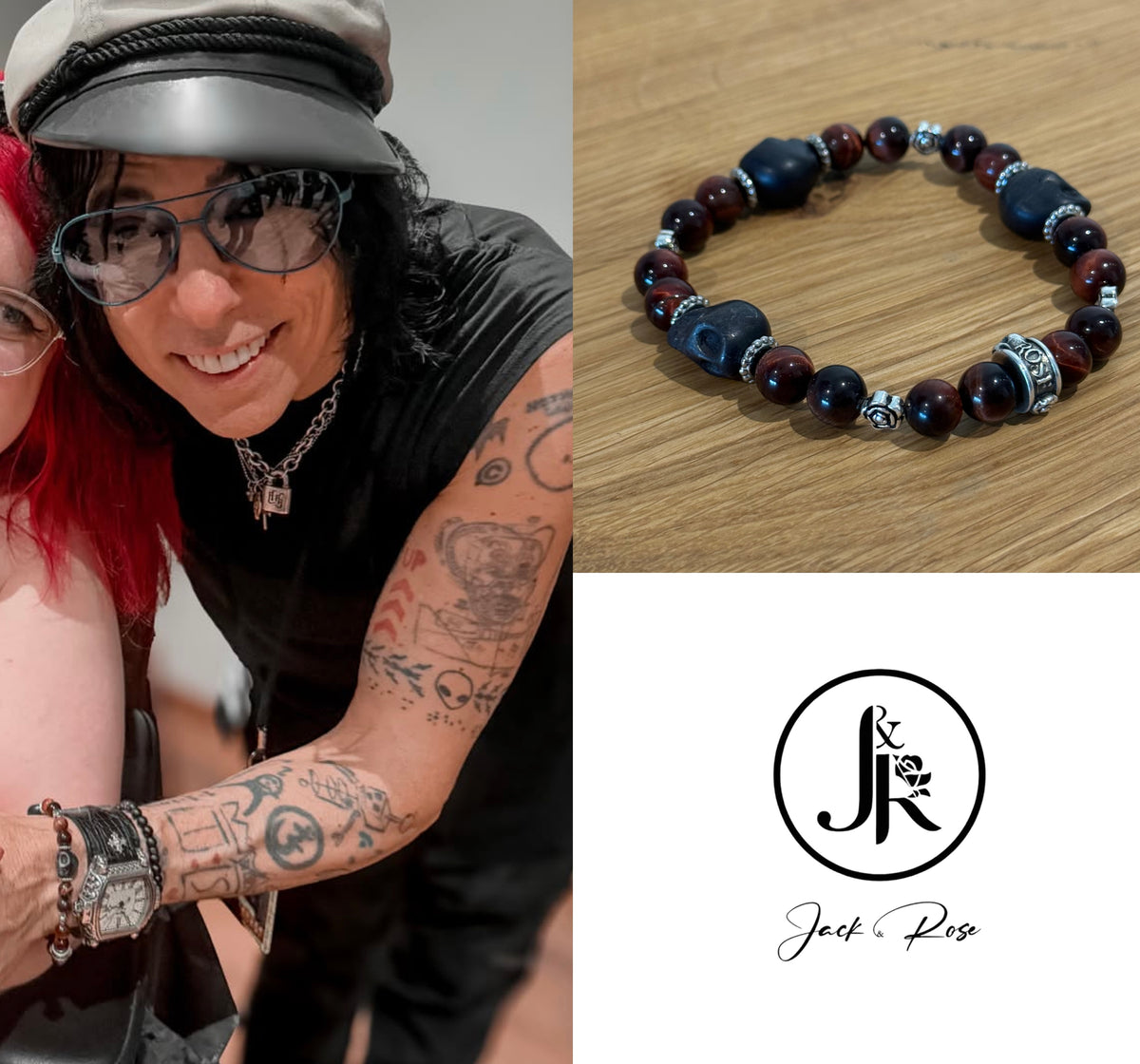 Bracelet Jack&Rose “Tiger Eyes with Black Skull ☠️🌹